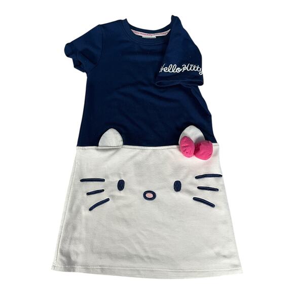 Hello Kitty Girls Dress Size 6 Navy White Cat Face Bow Ears Short Sleeve Cute - Picture 3 of 7